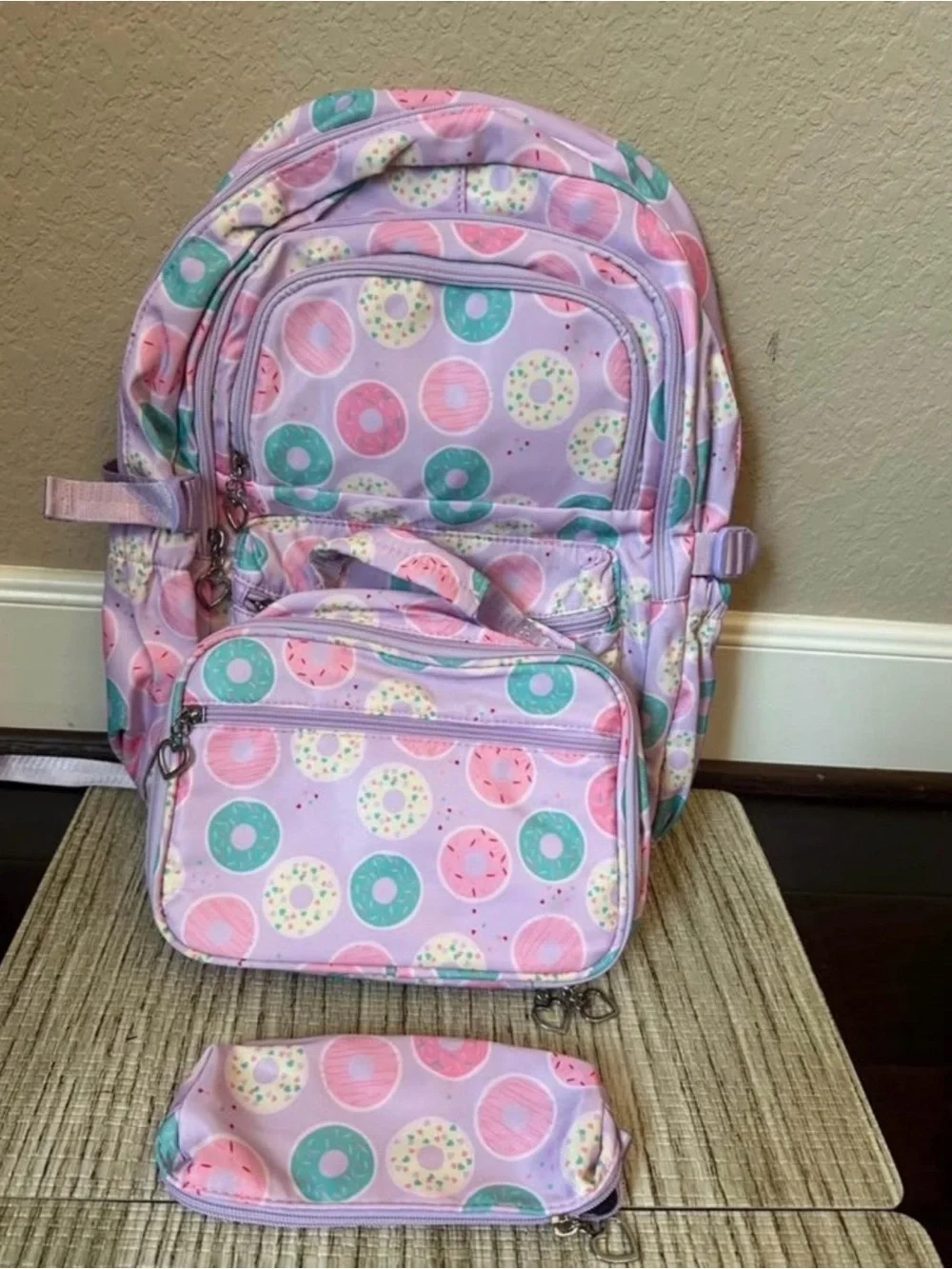 Kids Pink Donut Pattern Backpack Set - 3-Piece Lunchbox & Pencil Case